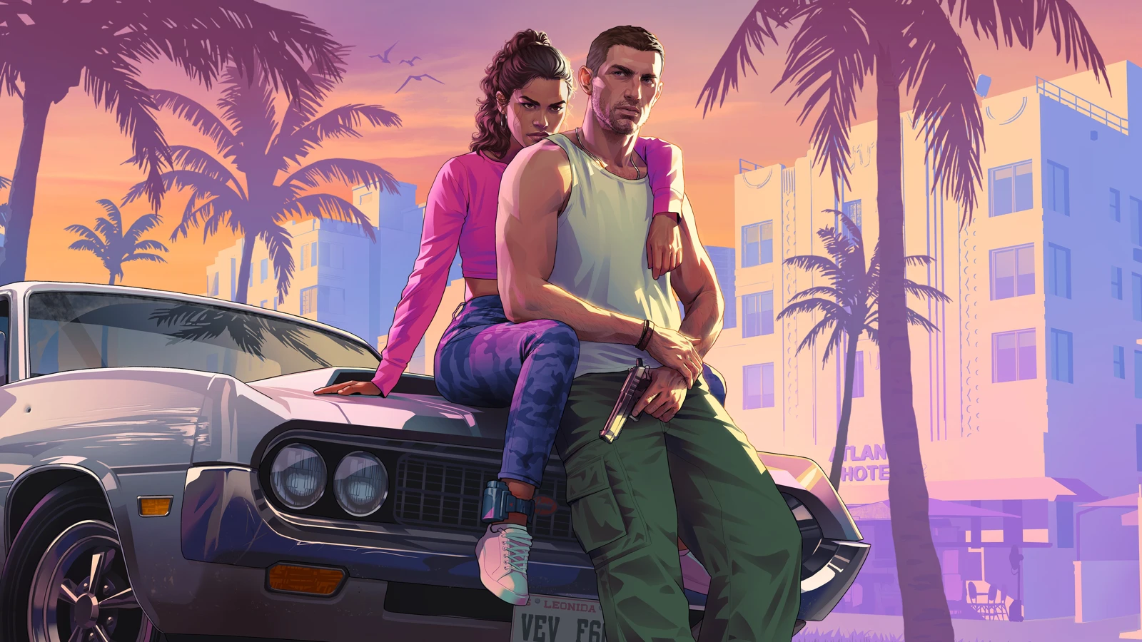 Official Grand Theft Auto VI artwork of Jason and Lucia beside a car on a palm-lined Vice City street at sunset